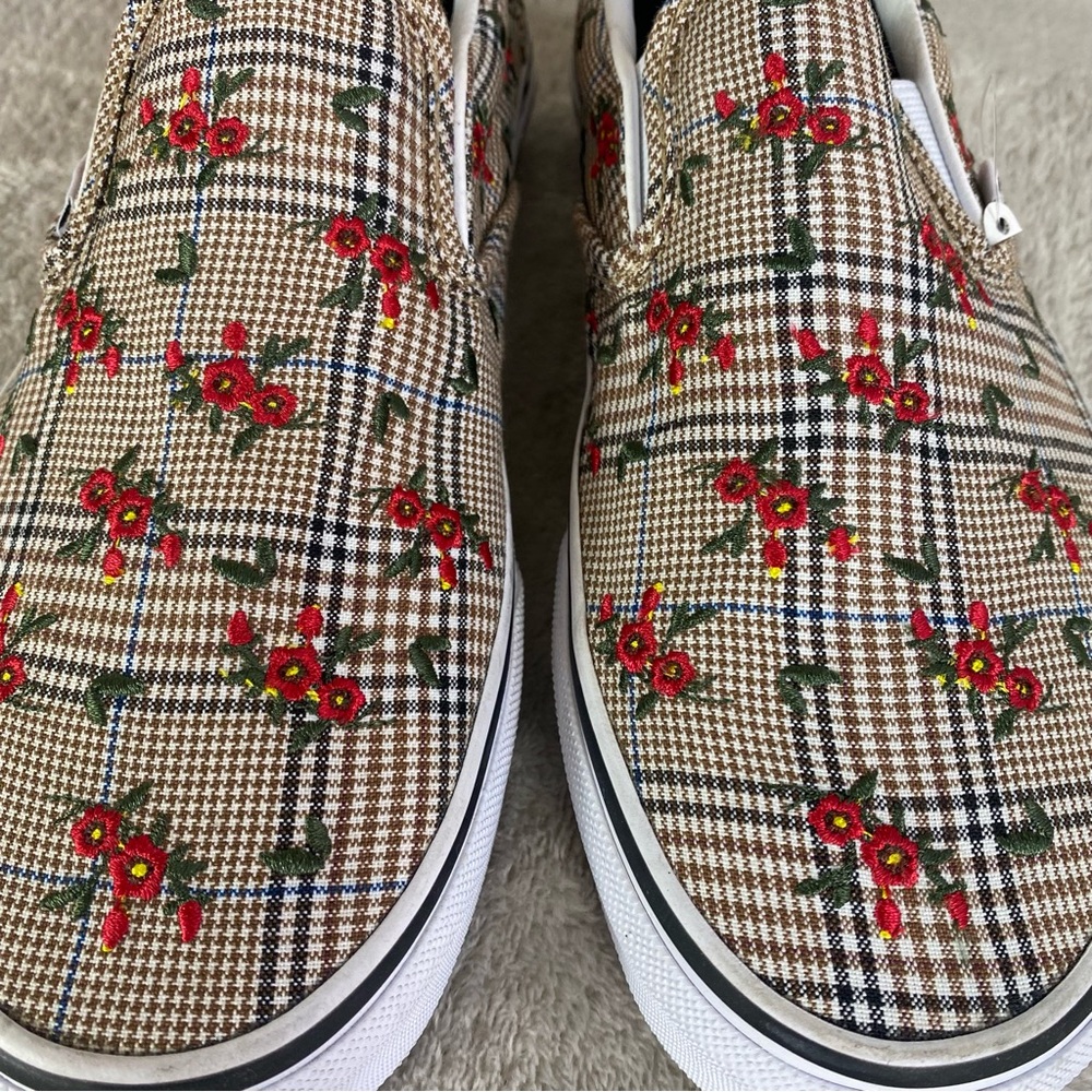 Vans Floral Plaid Slip On Sneaker Skate Shoes Womens Size 5 Brown Red Stitch NEW - Picture 7 of 11